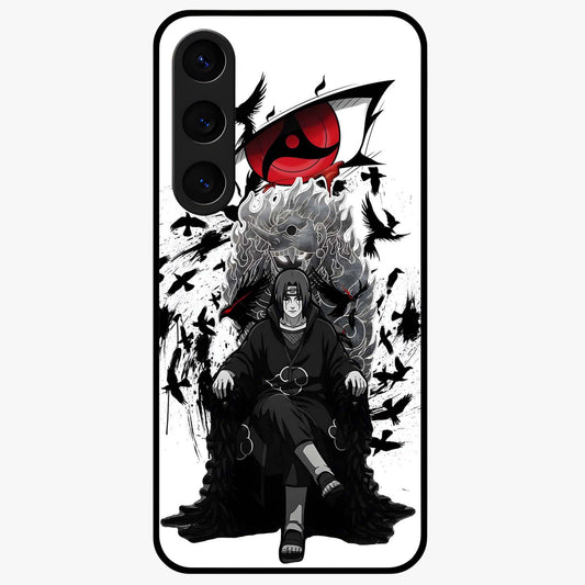 Uchiha Shadow Throne Glass Case showing flat back view with cosmic underwater themed artwork and glossy glass finish.