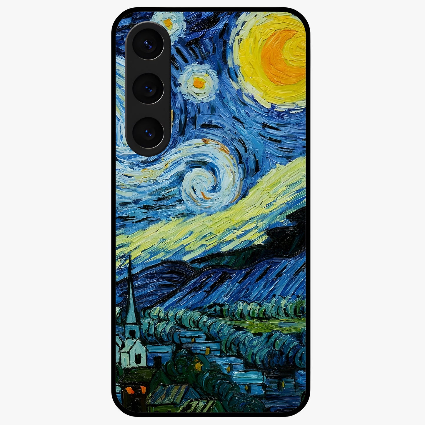 Van Gogh Art Glass Case showing flat back view with classic painterly artwork inspired by Van Gogh style and glossy glass finish.