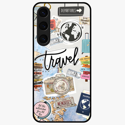 Wanderlust Journal Glass Case showing flat back view with travel inspired artwork and glossy glass finish.