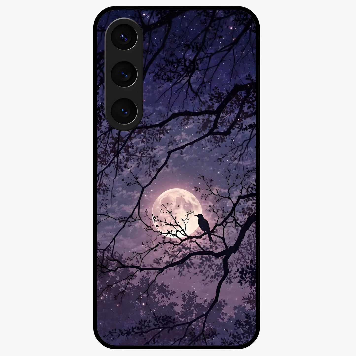 Whispering Moon Silence Glass Case showing flat back view with serene moon themed artwork and glossy glass finish.