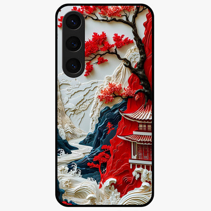 Whispers Of Sakura Waves Glass Case showing flat back view with cherry blossom wave artwork and glossy glass finish.