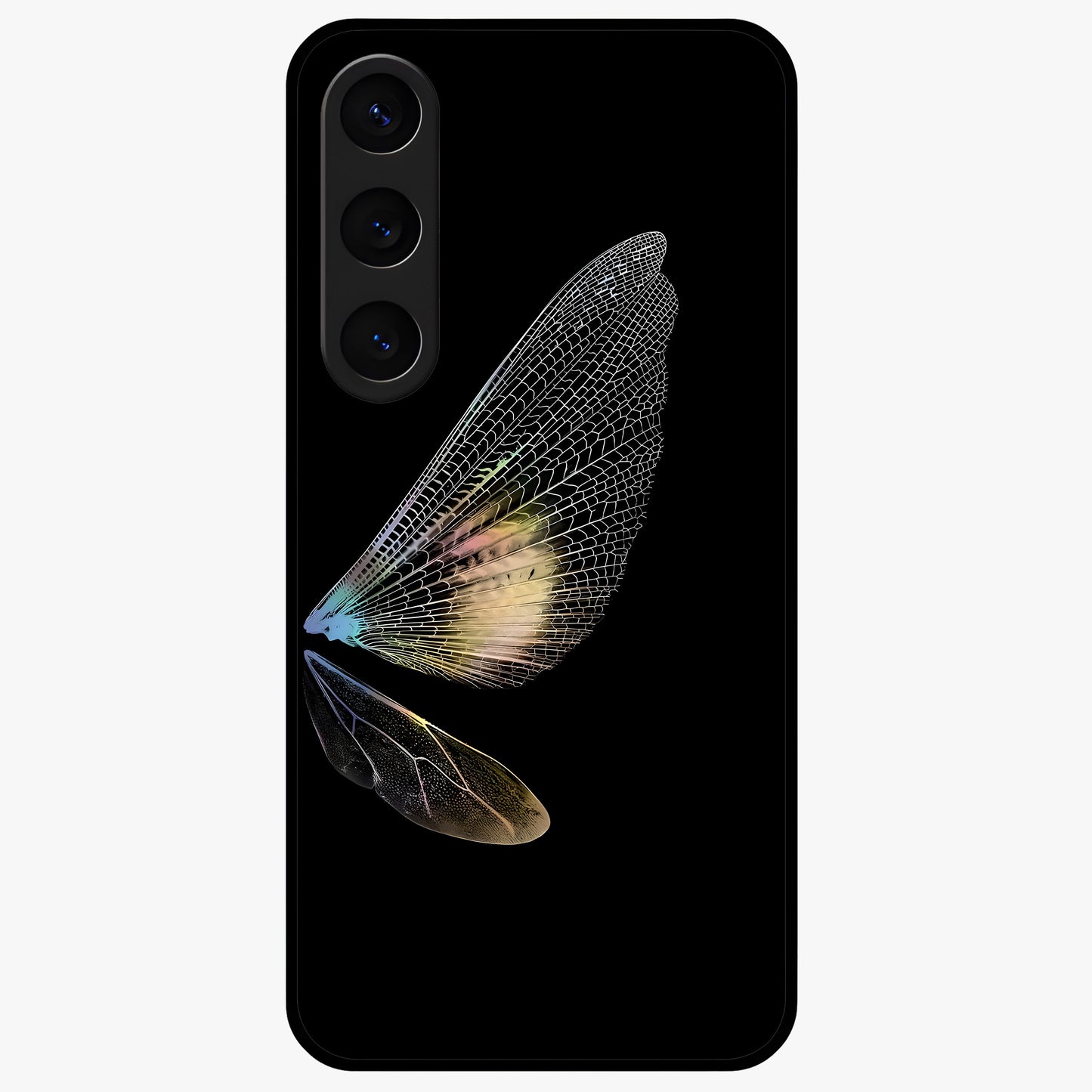 Whispers Of Wings Glass Case showing flat back view with graceful wing inspired artwork and glossy glass finish.
