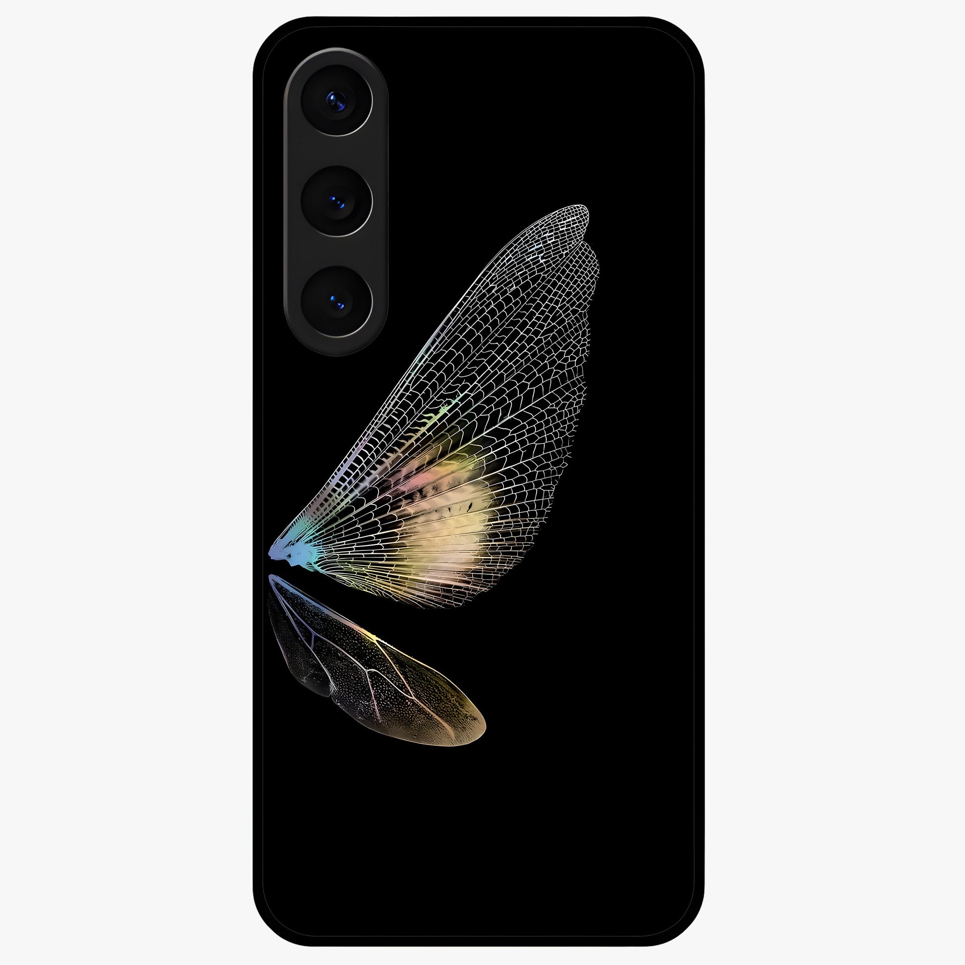 Whispers Of Wings Glass Case showing flat back view with graceful wing inspired artwork and glossy glass finish.