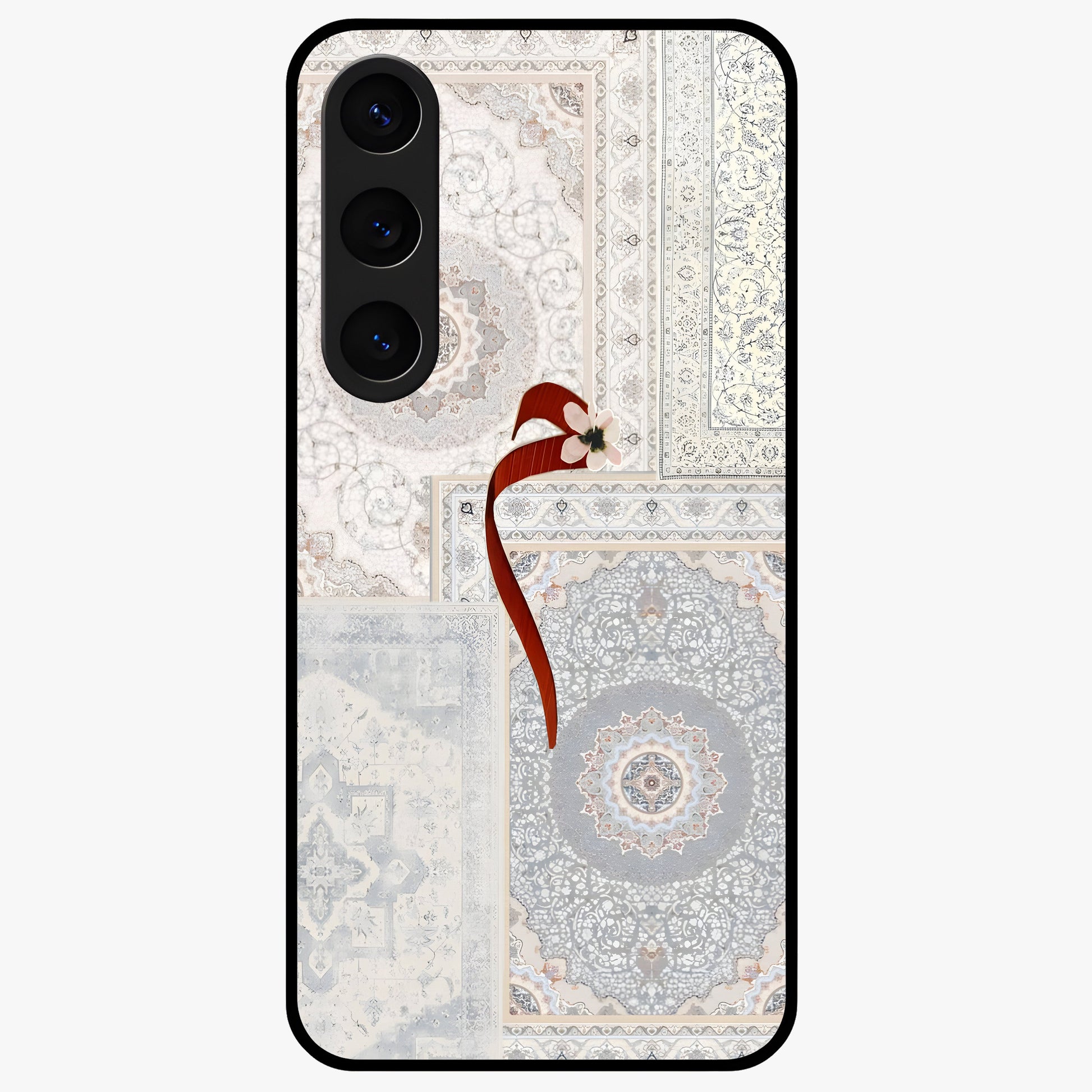 White Aesthetic Bow Glass Case showing flat back view with minimal bow artwork and glossy glass finish.