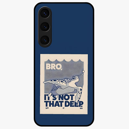 Worry Less Swim Glass Case showing flat back view with playful motivational artwork and glossy glass finish.