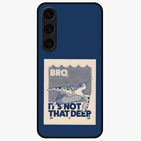 Worry Less Swim Glass Case showing flat back view with playful motivational artwork and glossy glass finish.