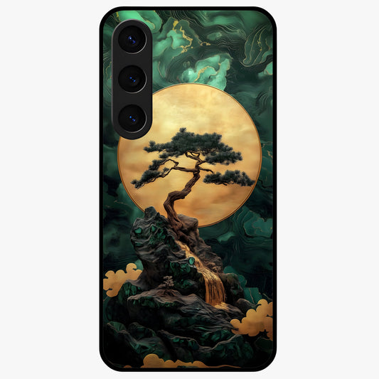 Zen Moon Rise Glass Case showing flat back view with calm moonrise artwork and glossy glass finish.