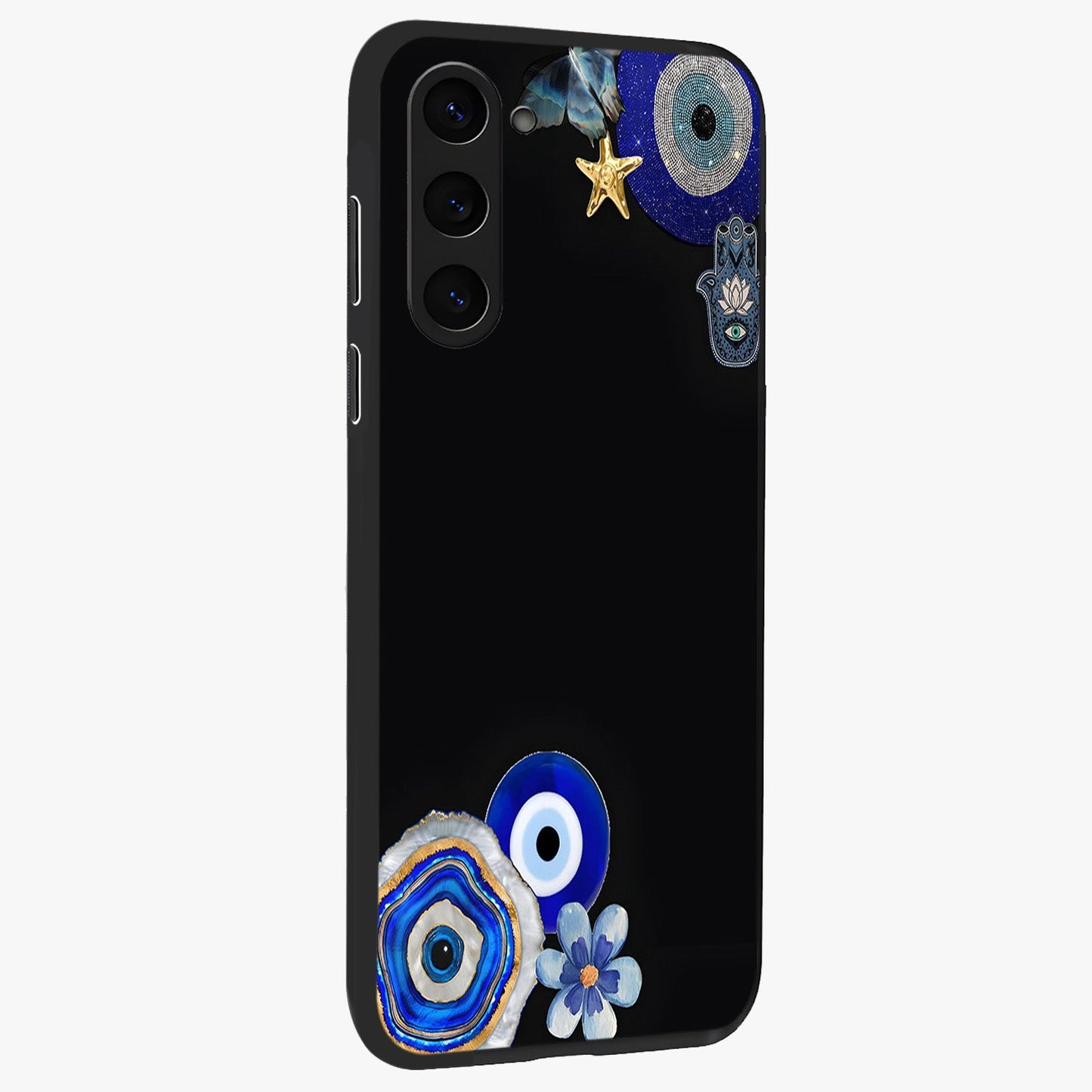 Aesthetic Blue Evil Eye Glass Case upright view showcasing mystical evil eye graphic with minimal aesthetic style.