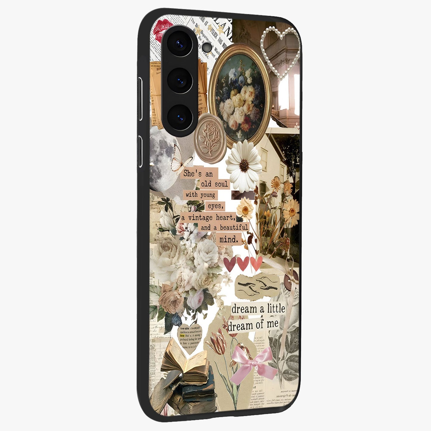 Aesthetic Brown Vintage Collage Glass Case upright view showcasing nostalgic retro artwork with stylish vintage theme.