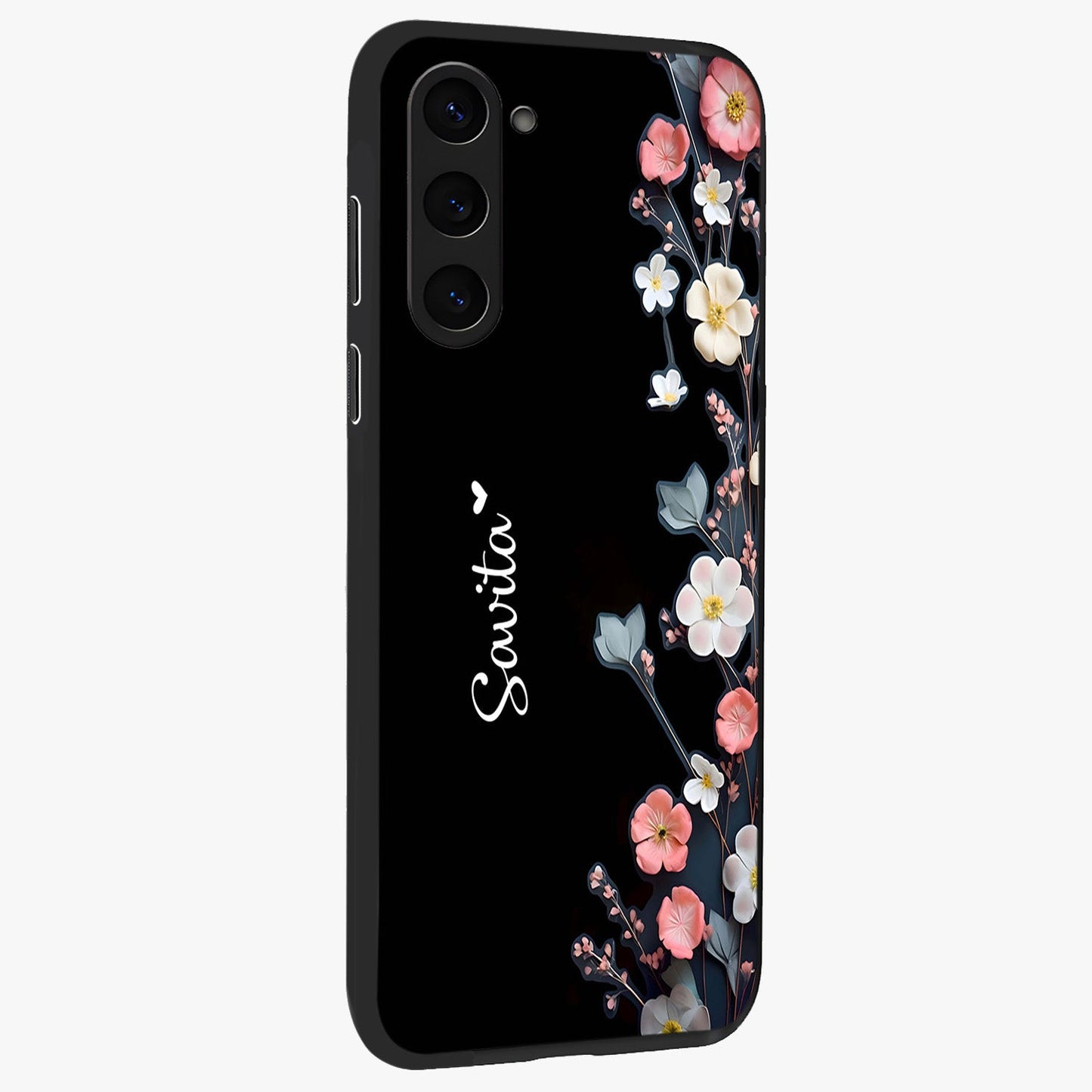 Black Elegance Floral Custom Name Glass Case upright view showcasing luxurious black floral design with personalized name detail.
