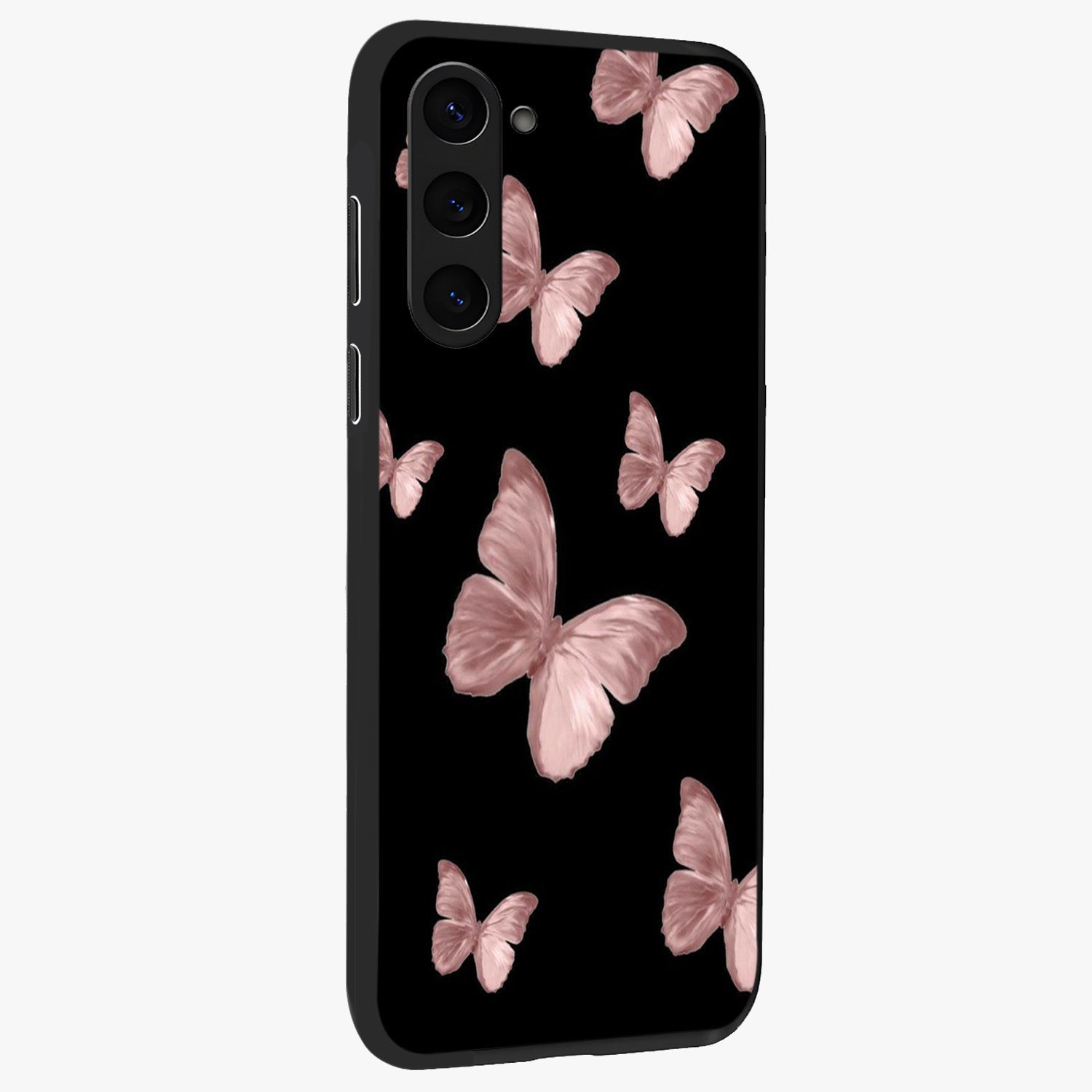 Butterfly Pattern Glass Case upright view showcasing graceful butterfly artwork with soft decorative theme.