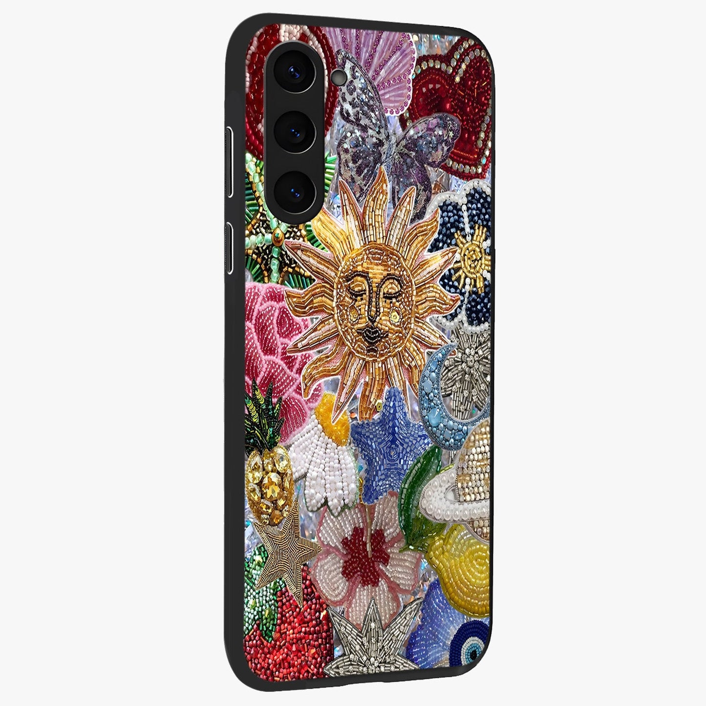 Celestial Floral and Playful Glass Case upright view showcasing whimsical floral artwork with cosmic aesthetic theme.