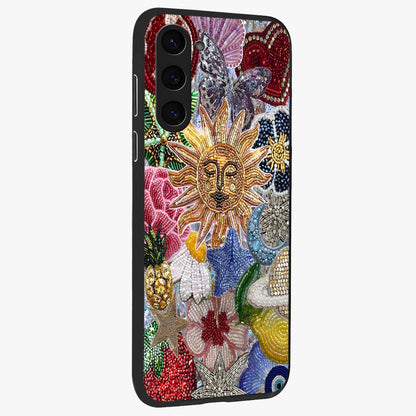 Celestial Floral and Playful Glass Case upright view showcasing whimsical floral artwork with cosmic aesthetic theme.