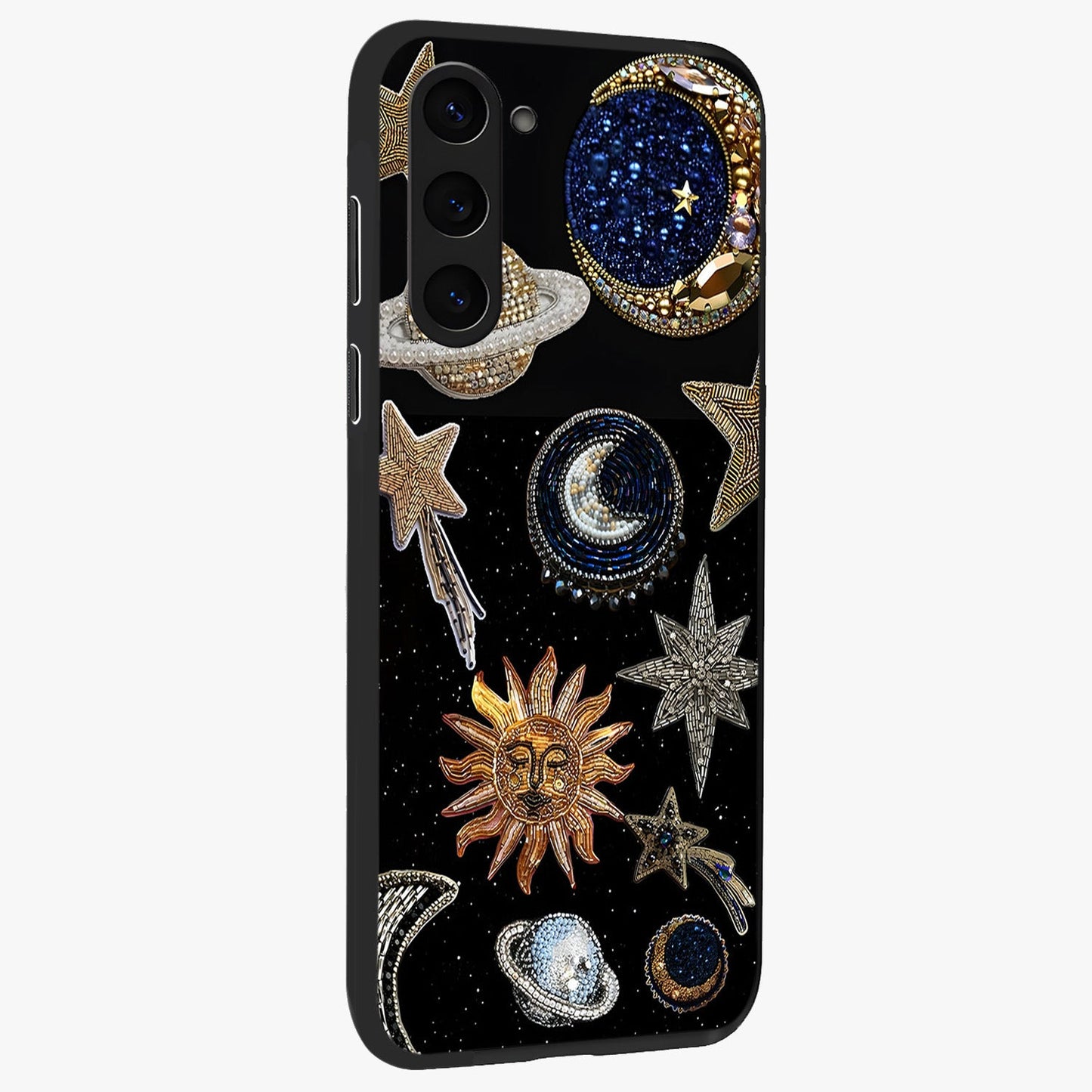 Celestial Gem Constellations Glass Case upright view showcasing cosmic constellation artwork with celestial aesthetic style.