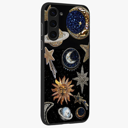 Celestial Gem Constellations Glass Case upright view showcasing cosmic constellation artwork with celestial aesthetic style.