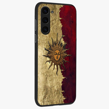 Crimson Sun Majesty Glass Case upright view showcasing vibrant sun artwork with powerful celestial theme.