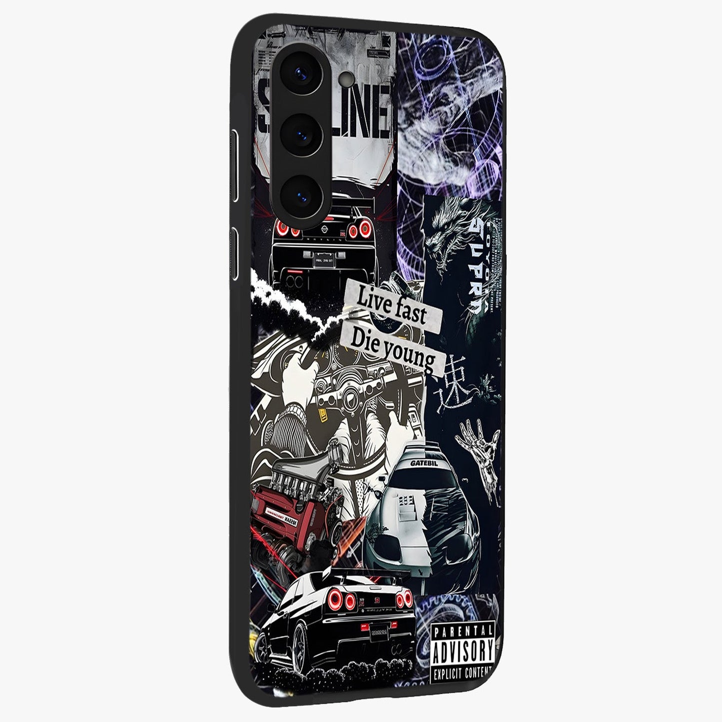 Die Young Glass Case upright view showcasing striking typography artwork with modern statement theme.