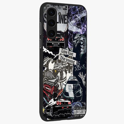 Die Young Glass Case upright view showcasing striking typography artwork with modern statement theme.