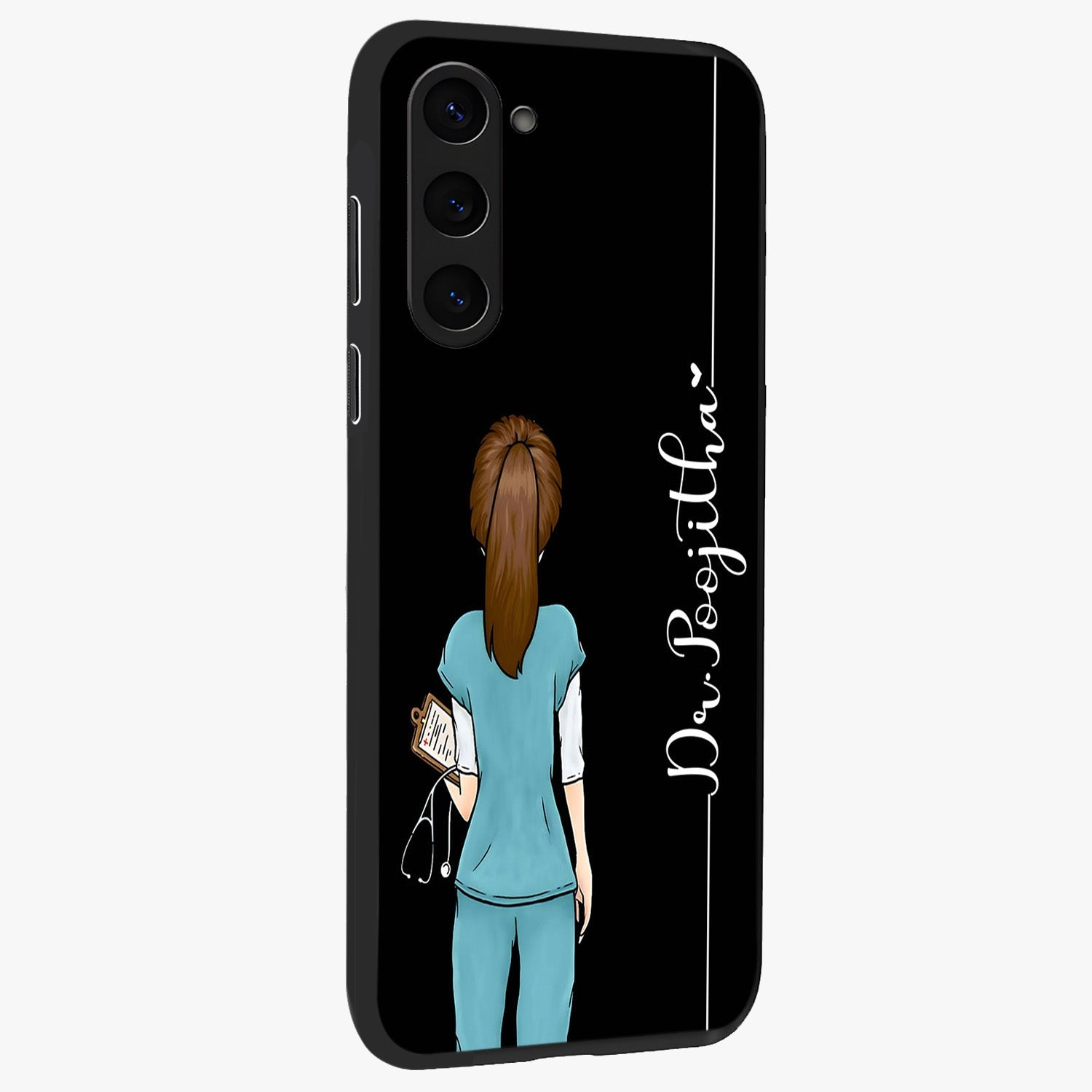 Doctor Pattern Custom Name Glass Case upright view showcasing healthcare themed design with personalized aesthetic.