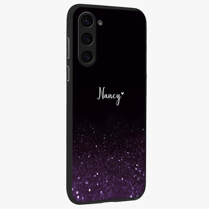 Glittery Purple Bokeh Custom Name Glass Case upright view showcasing vibrant purple sparkle artwork with personalized aesthetic style.