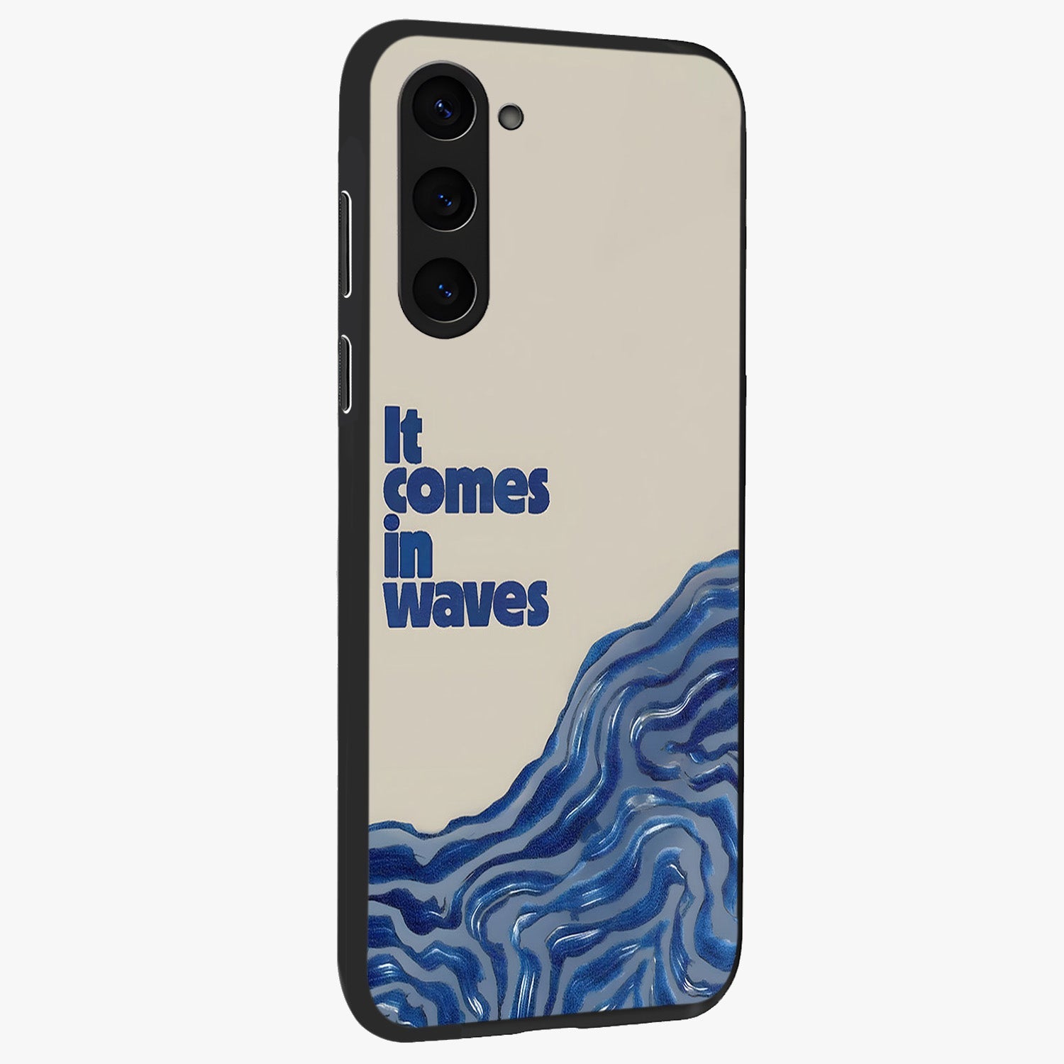 It Comes In Waves Quote Glass Case upright view showcasing calm wave artwork with motivational quote theme.