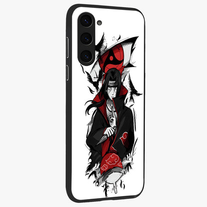 Itachi Sharingan Glass Case upright view showcasing intense anime eye artwork with bold character theme.