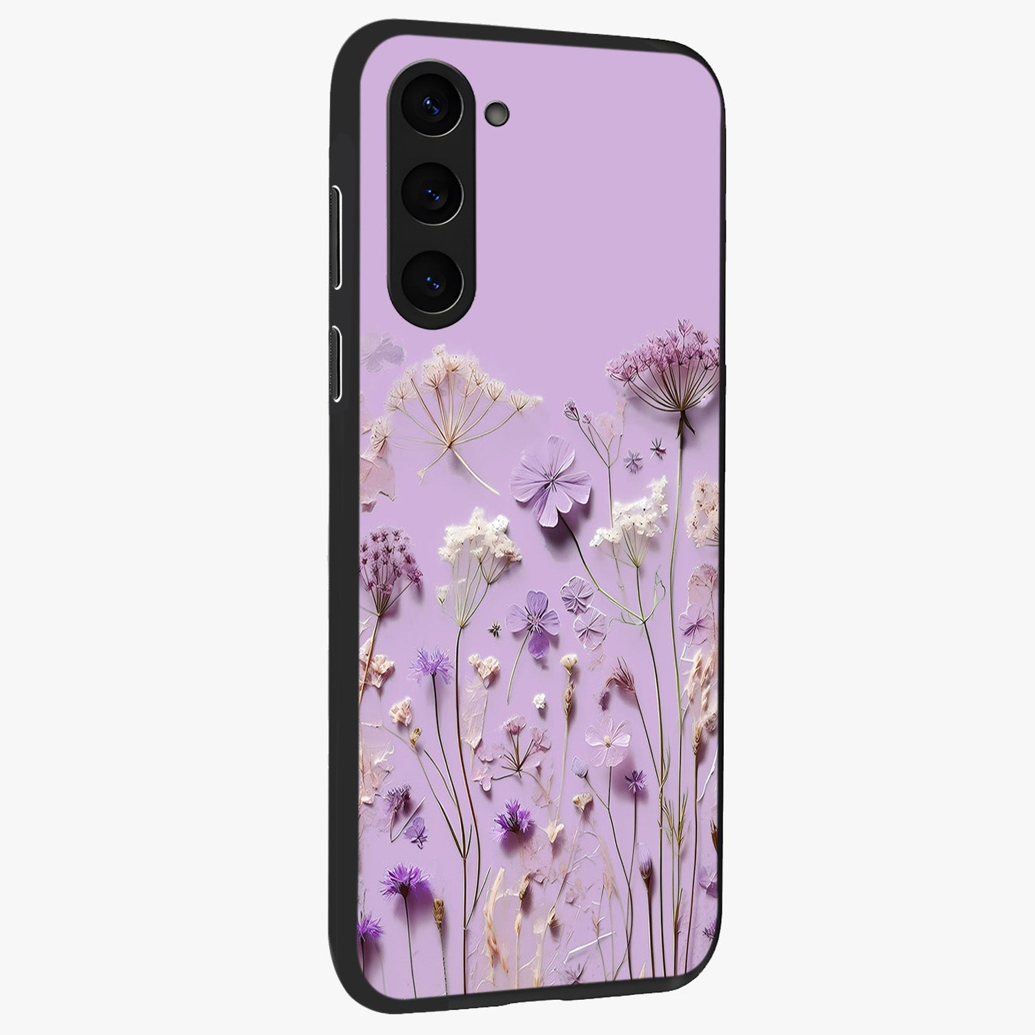 Lavender Blossom Dream Glass Case upright view showcasing delicate lavender blossom artwork with peaceful floral theme.