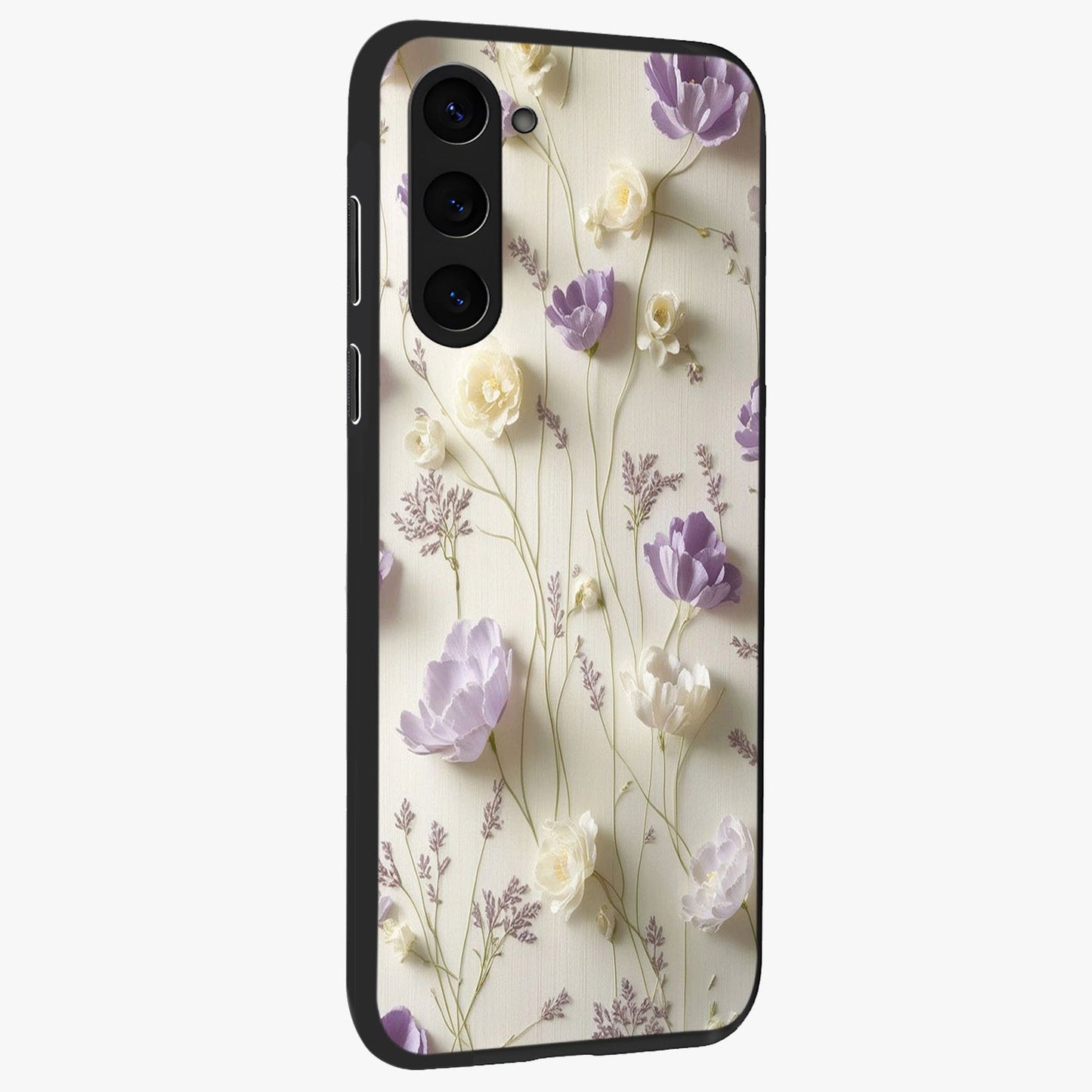 Lilac Breeze Harmony Glass Case upright view showcasing delicate lilac artwork with peaceful floral theme.