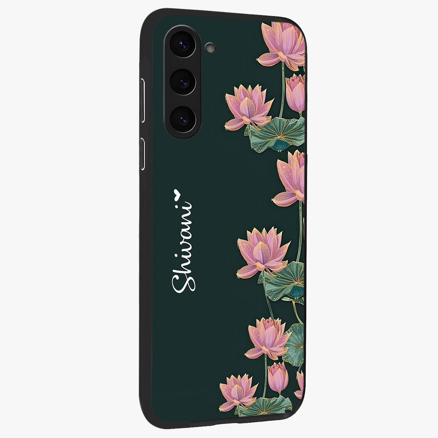 Lotus Bloom Serenity Custom Name Glass Case upright view showcasing serene lotus bloom artwork with personalized floral aesthetic.