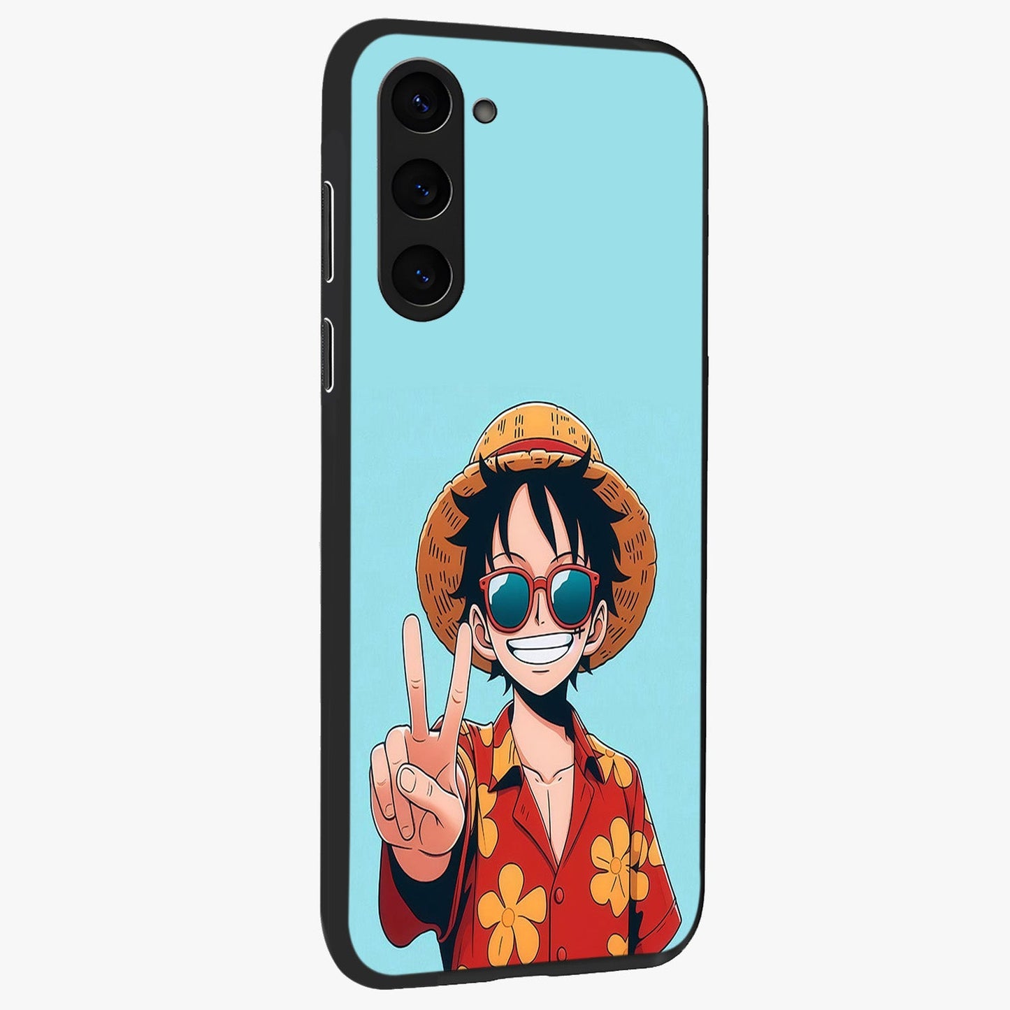 Luffy Summer Anime Vibe Glass Case upright view showcasing dynamic anime artwork with bright adventurous theme.