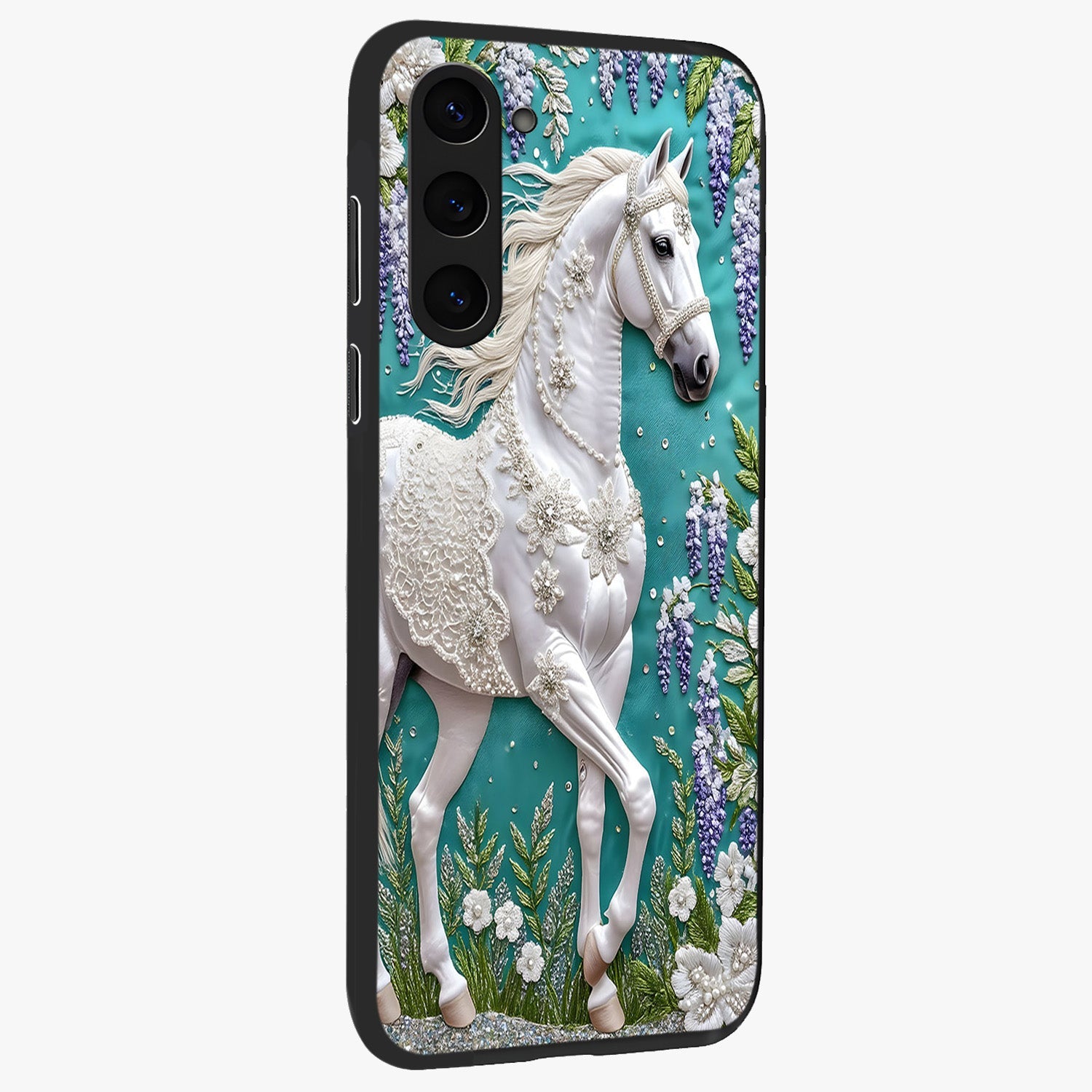 Majestic Floral Stallion Glass Case upright view showcasing dramatic horse artwork with decorative floral theme.