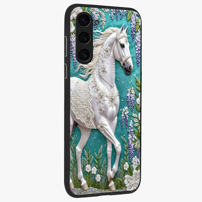 Majestic Floral Stallion Glass Case upright view showcasing dramatic horse artwork with decorative floral theme.