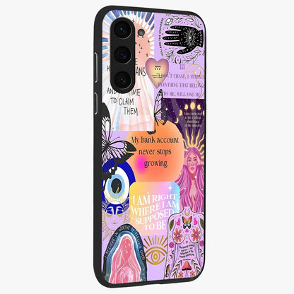 Manifestation Collage Glass Case upright view showcasing artistic manifestation themed artwork with creative style.