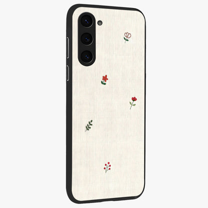 Minimalistic Blue With White Flower Pattern Glass Case upright view showcasing clean white flower artwork with calming blue theme.