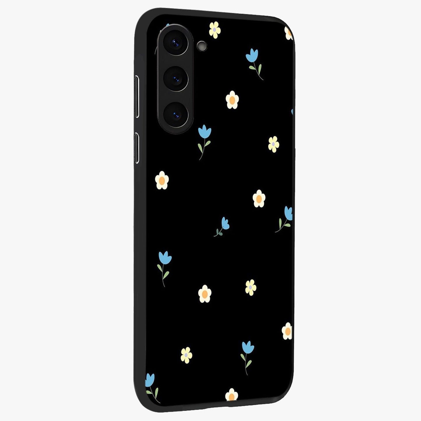 Minimal Petal Whispers Glass Case upright view showcasing elegant floral artwork with modern minimalist style.