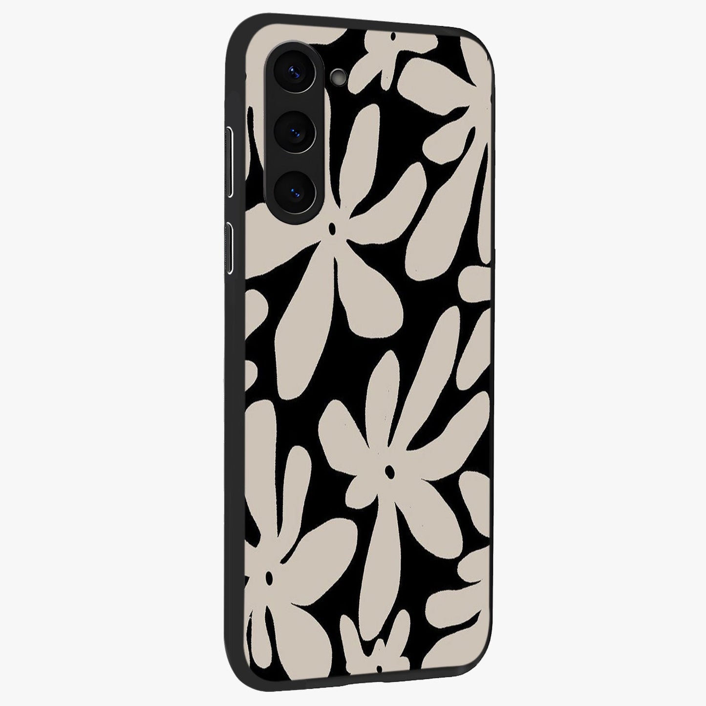 Monochrome Petal Dance Glass Case upright view showcasing artistic floral pattern with stylish monochrome theme.