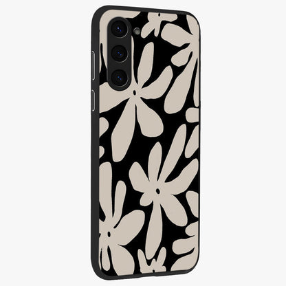 Monochrome Petal Dance Glass Case upright view showcasing artistic floral pattern with stylish monochrome theme.
