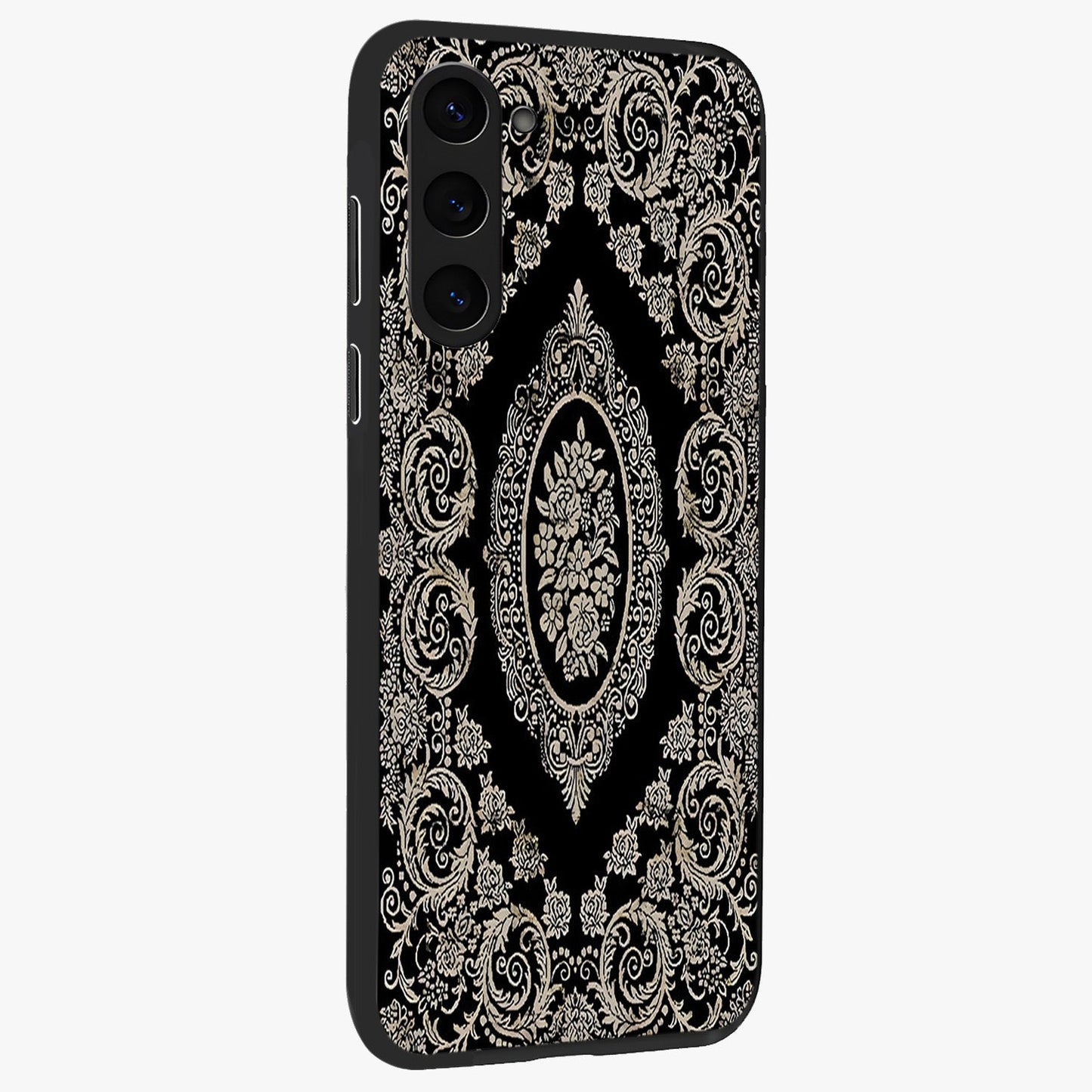 Noir Bloom Elegance Glass Case upright view showcasing graceful floral artwork with luxurious dark theme.