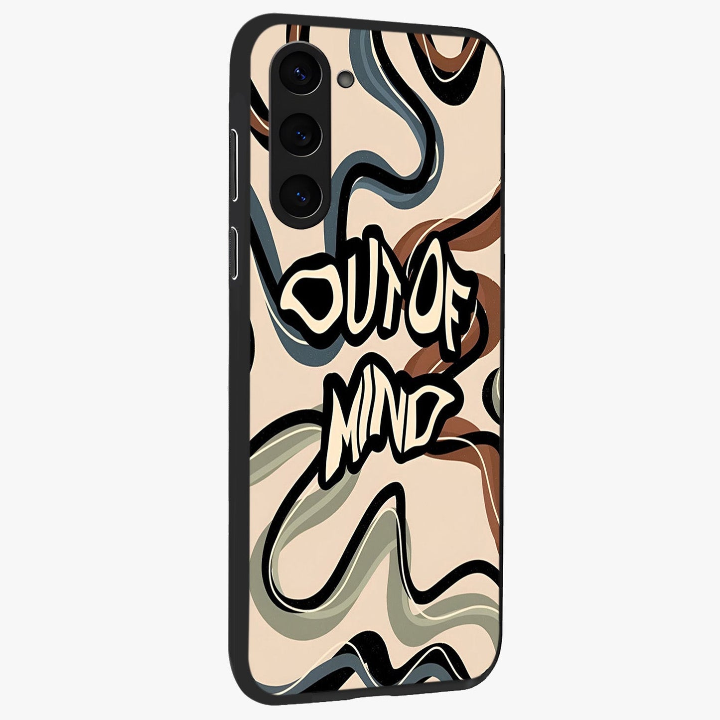 Out Of Mind Glass Case upright view showcasing striking typography artwork with edgy conceptual theme.