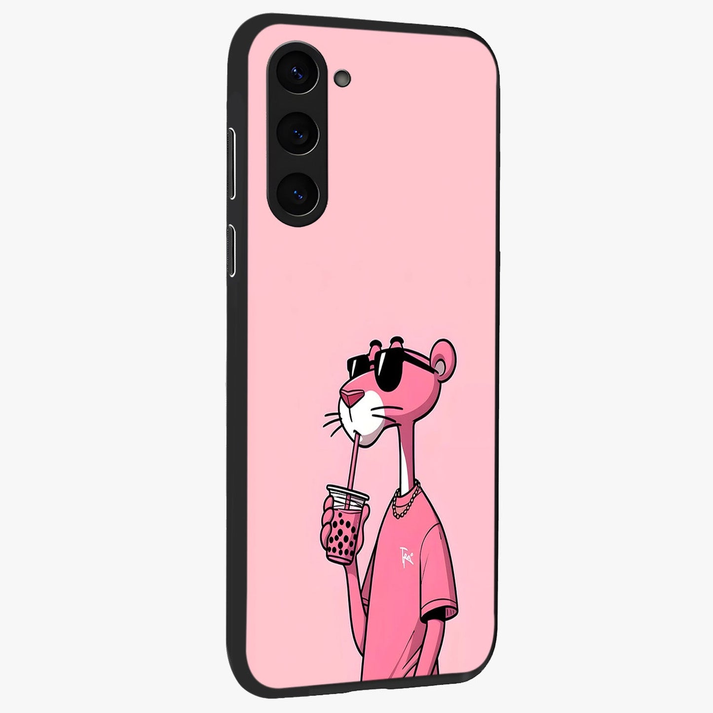 Pink Panther Glass Case upright view showcasing fun animated artwork with stylish retro cartoon theme.