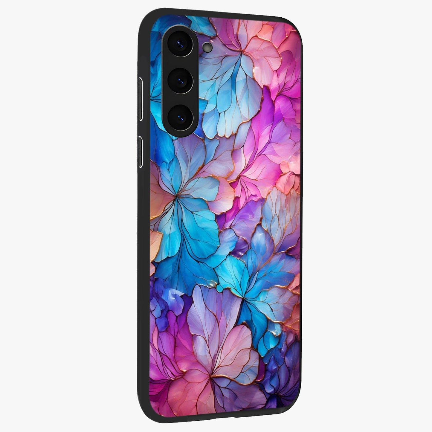 Radiant Floral Whirl Glass Case upright view showcasing lively floral artwork with decorative swirl theme.