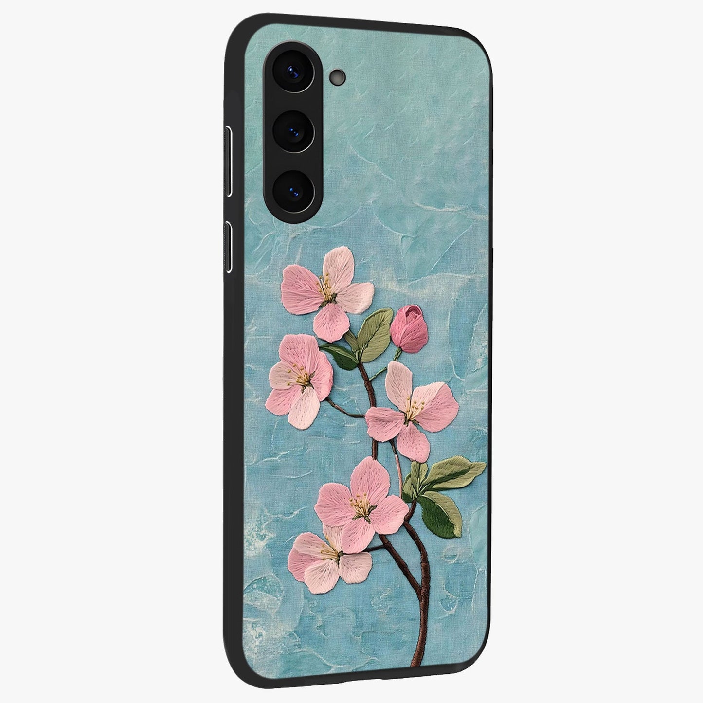 Threaded Blossom Breeze Glass Case upright view showcasing graceful flower artwork with calm botanical theme.