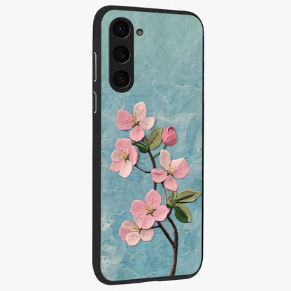 Threaded Blossom Breeze Glass Case upright view showcasing graceful flower artwork with calm botanical theme.