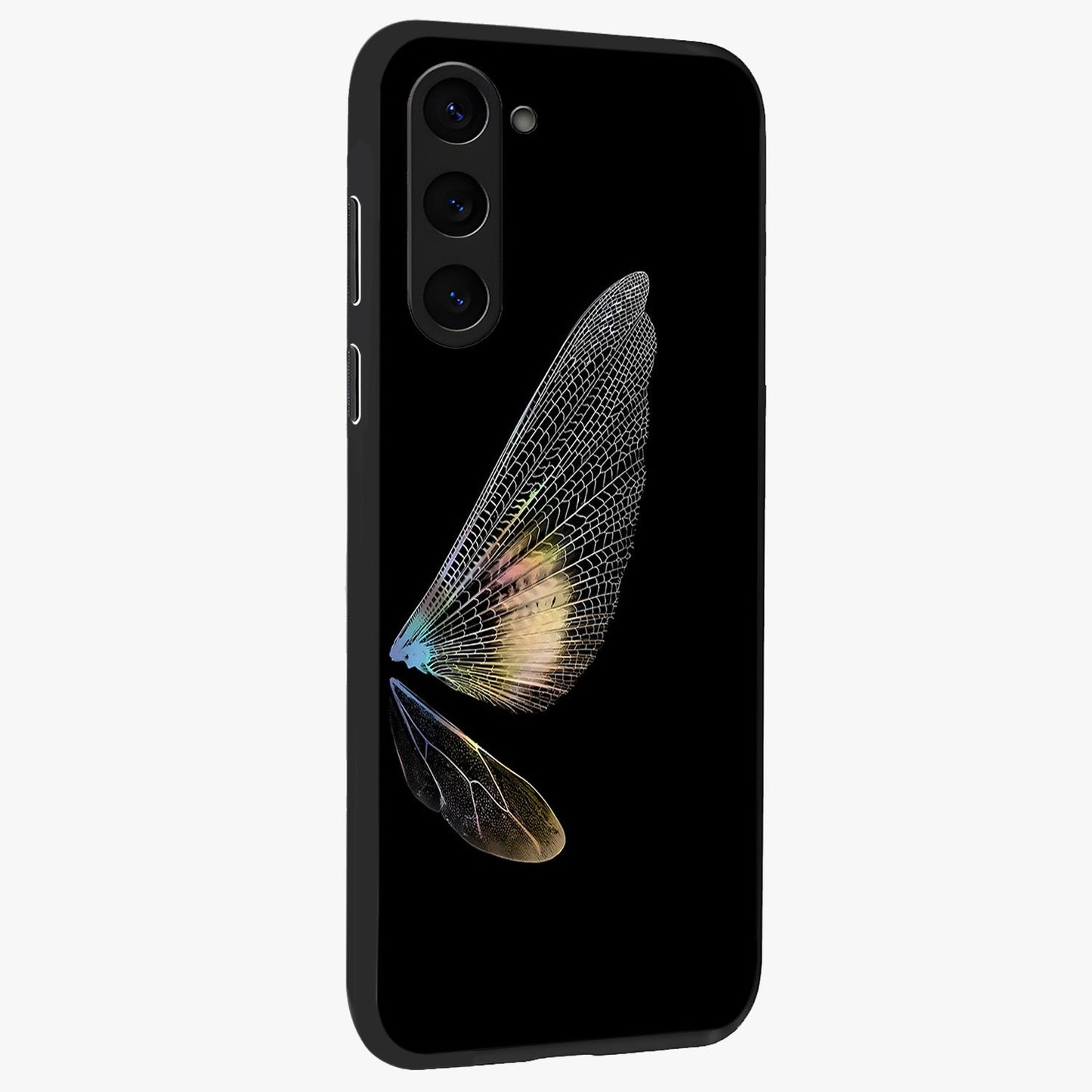 Whispers Of Wings Glass Case upright view showcasing elegant wing artwork with light airy theme.
