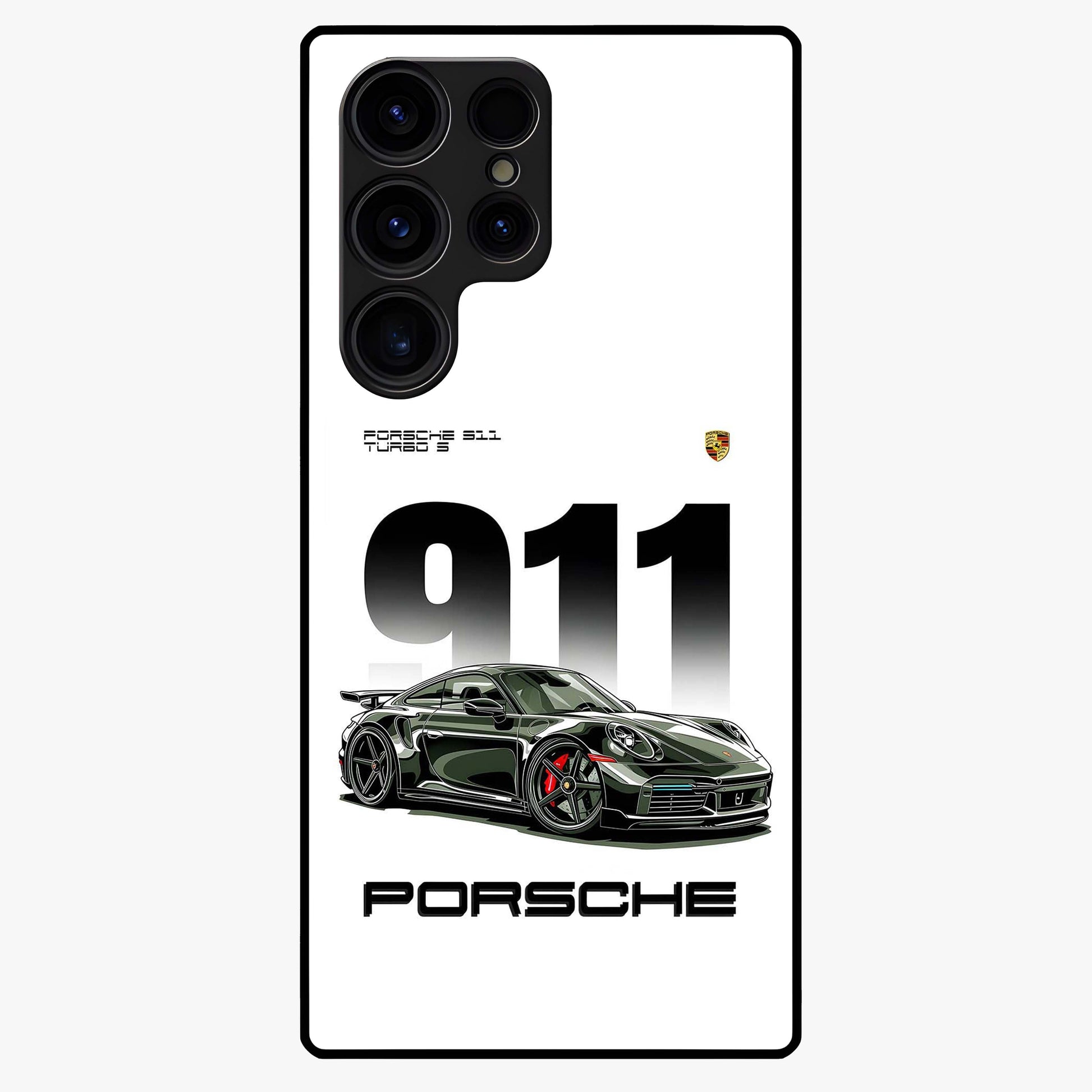 911 Turbo Dominance Glass Case showing clean flat back view with bold 911 sports car artwork and glossy glass finish.