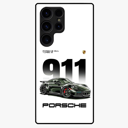 911 Turbo Dominance Glass Case showing clean flat back view with bold 911 sports car artwork and glossy glass finish.