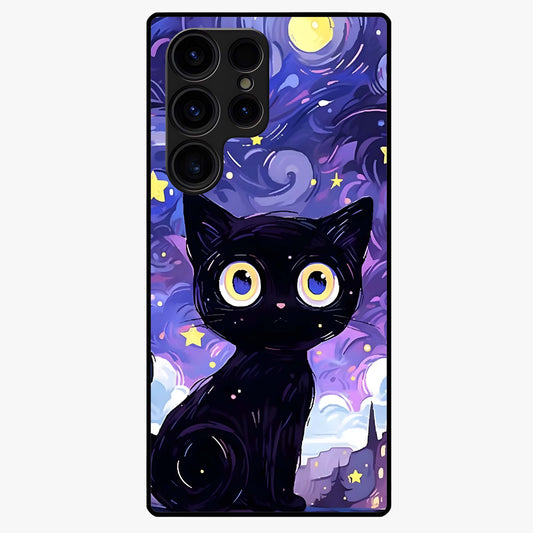 Abstract Cat Art Glass Case showing flat back view with artistic cat illustration and glossy glass finish.