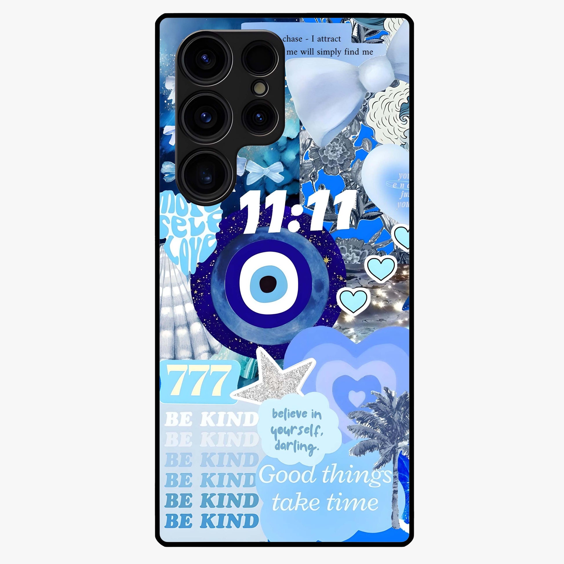 Aesthetic Be Kind Eye Glass Case showing flat back view with motivational eye artwork and glossy glass finish.