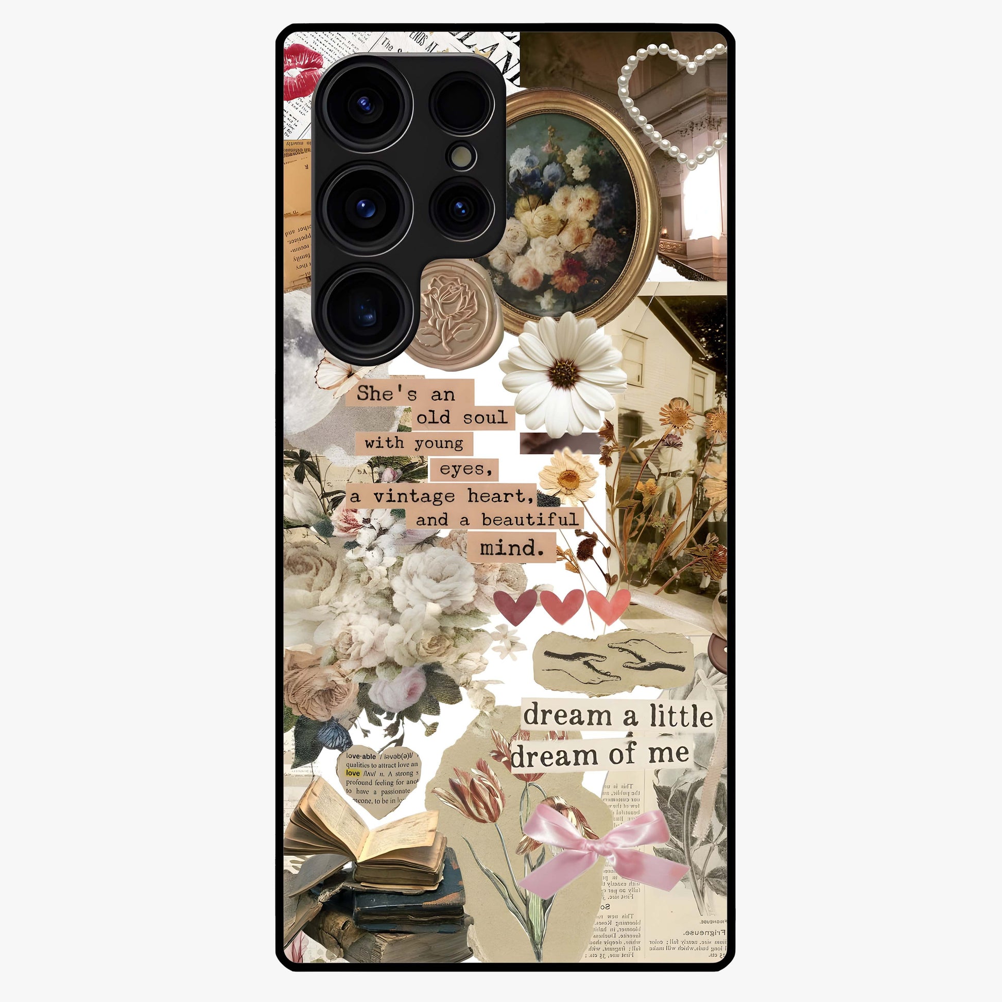 Aesthetic Brown Vintage Collage Glass Case showing flat back view with retro collage artwork and glossy glass finish.