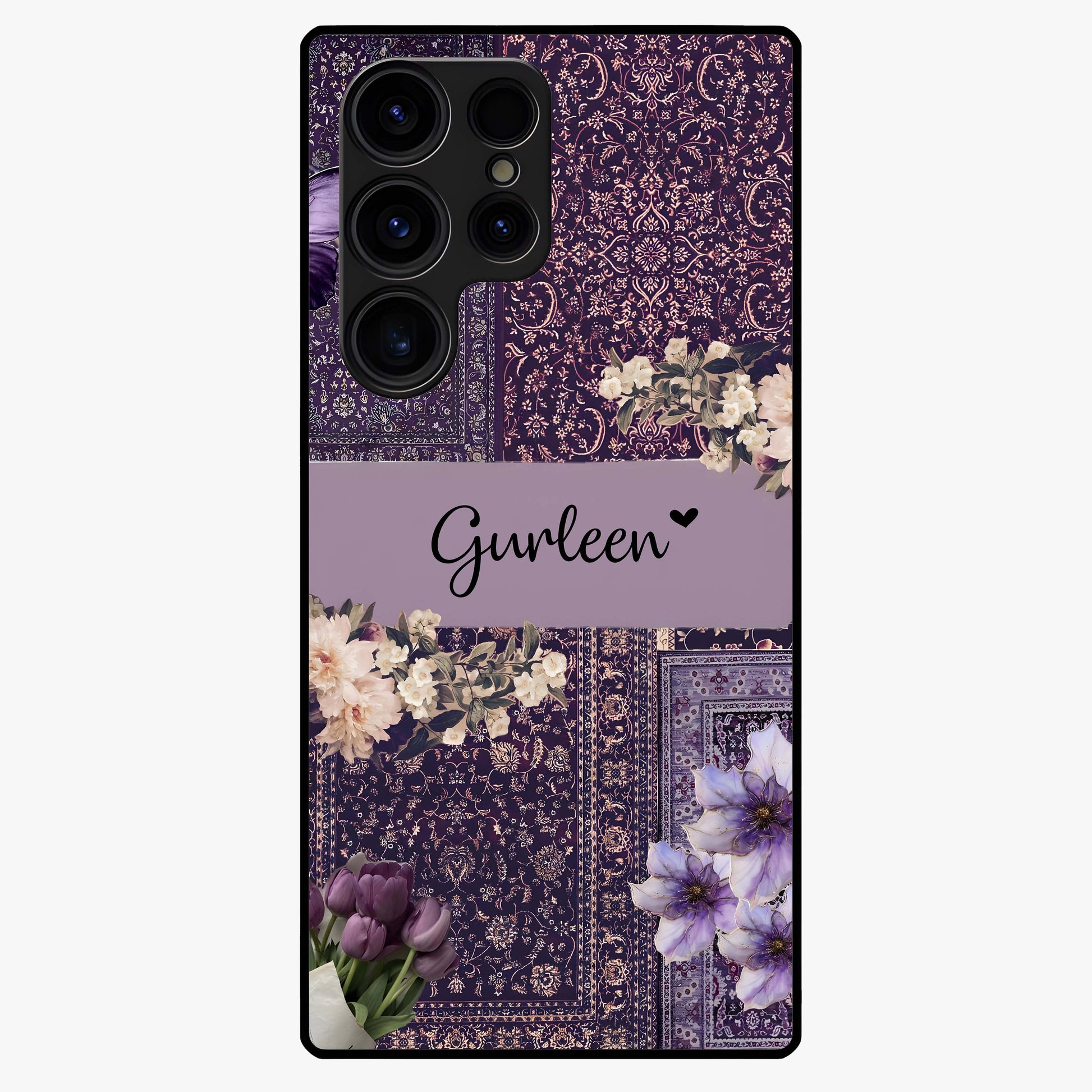 Antique Floral Whisper Custom Name Glass Case showing flat back view with vintage floral artwork and personalized name design.